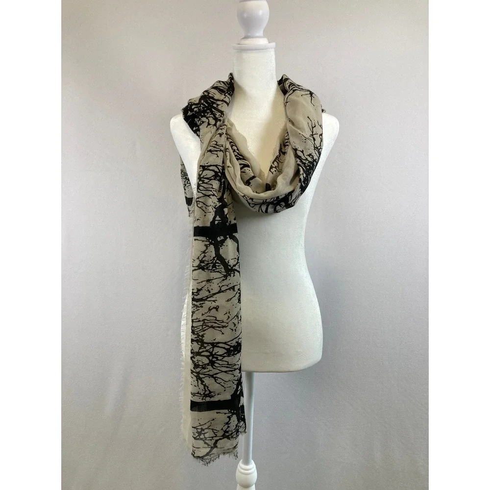 Naturecore Steve Madden Womens OS Cream Black Tree Print Fringe Wrap Scarf